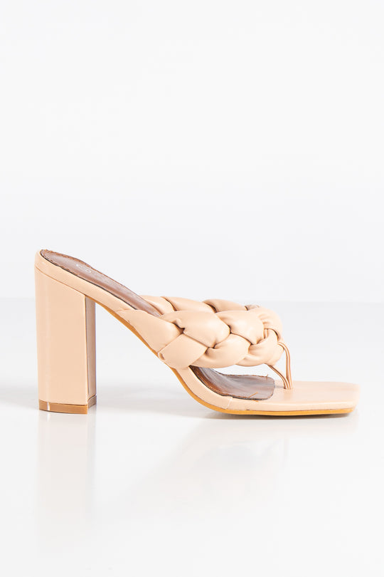 Beige Quilted Plait Heel Mules- Zelmira