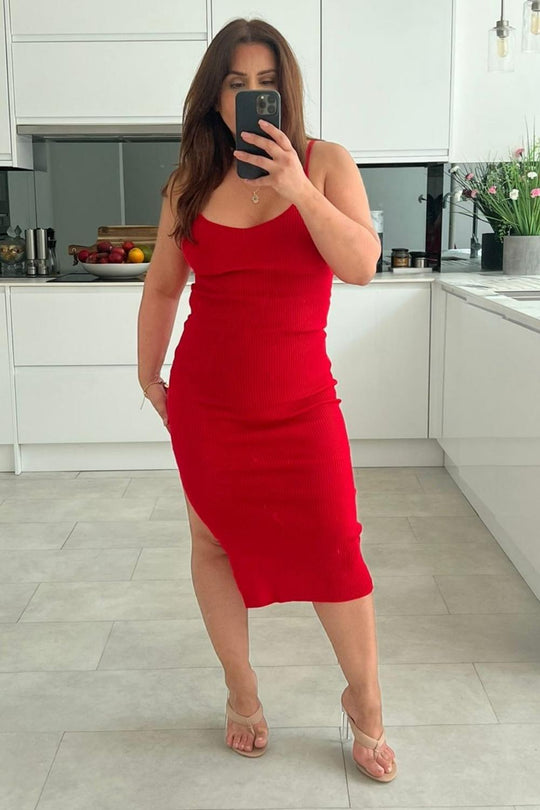 Yasmine Ribbed Red Midi Dress