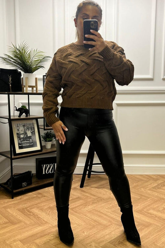 Nataly Brown Knit Cable Crop Jumper