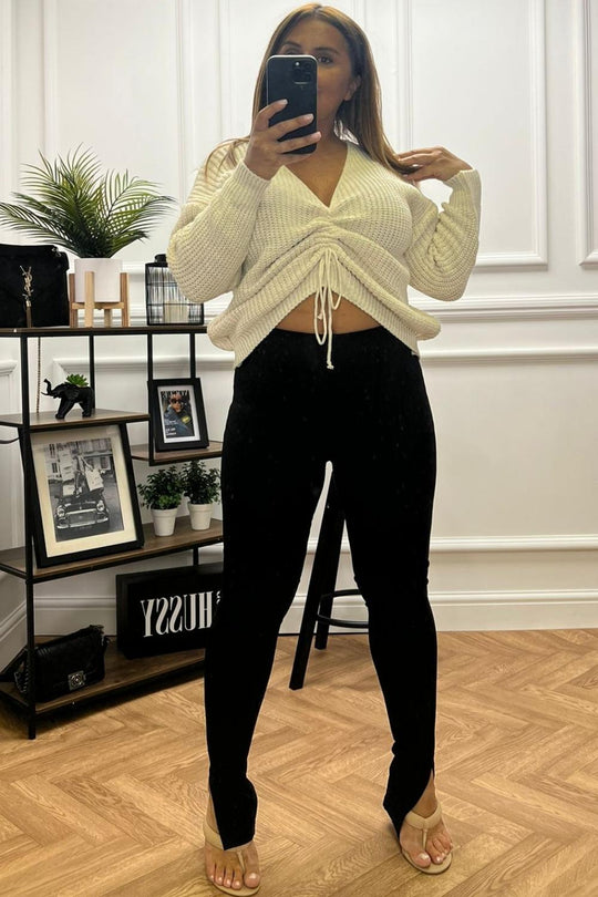 Meghan Beige Cable Knit Ruched Jumper