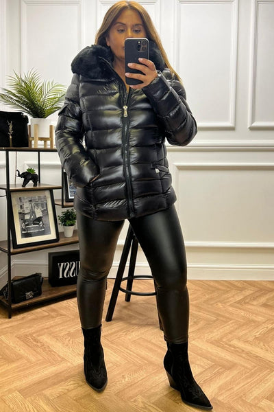 Soraya Black Padded High Shine Puffer Coat – Miss Hussy