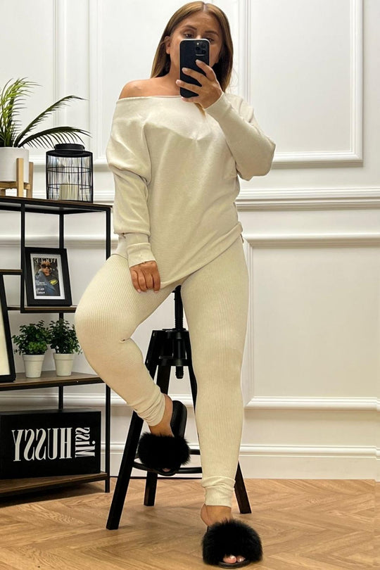 Ensley Beige Ribbed Fine Knit Loungewear Co-Ord set