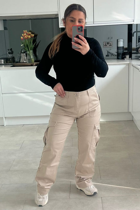 Beige Pocket Detail Stretch Straight Leg Cargo Trousers-Laura