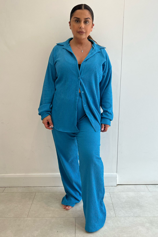 Lucy Blue Crinkle Crepe Co-ord Shirt Trouser Set