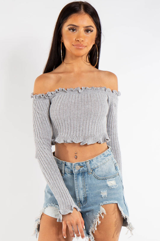 Jasmine Grey Bardot Knitted Crop Top