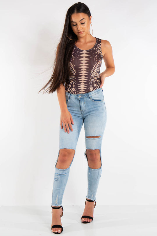 Sawyer Tan Mesh Printed Bodysuit