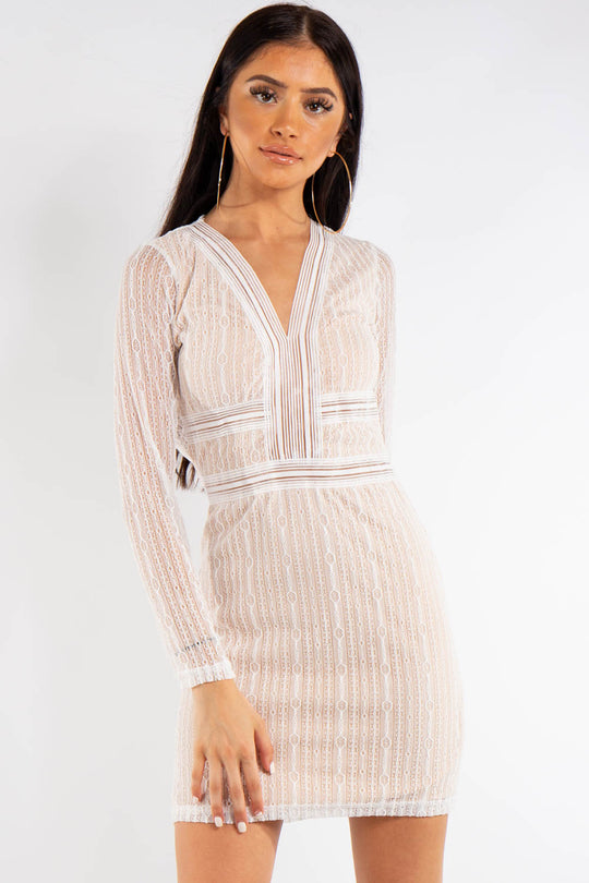 Michelle White Lace Long Sleeve V Front Dress