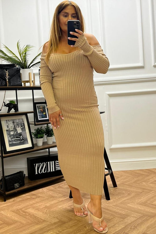 Azra Beige Rib Knit Dress