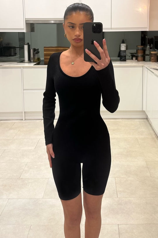 Black Long Sleeve Ribbed Unitard Playsuit – Esme