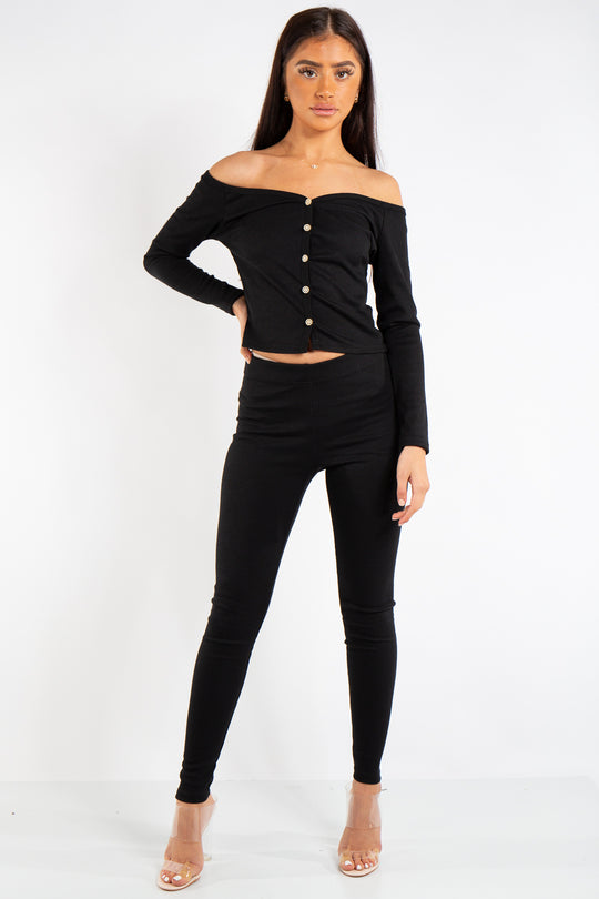 Maria Black Ribbed Button Bardot Top