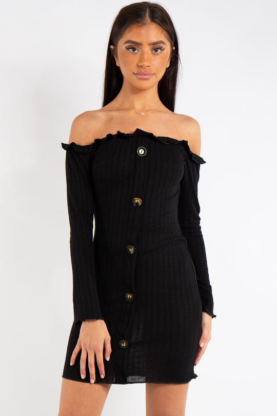 Isabella Black Bardot Button Mini dress