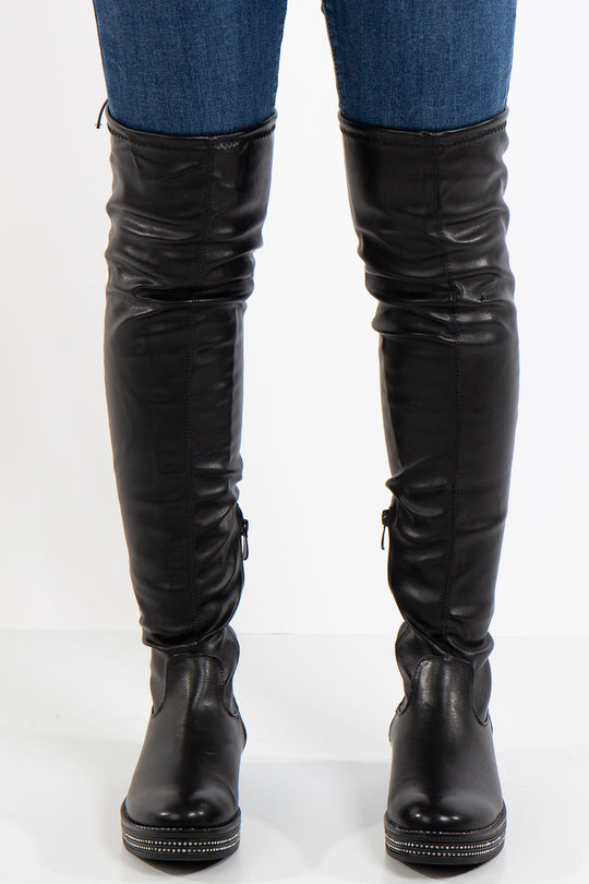 Charlee Black Faux Leather Knee High Boot With Diamante