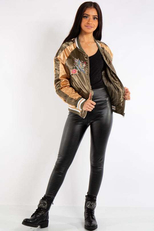 Chloe Khaki and Gold Satin Bomber Jacket