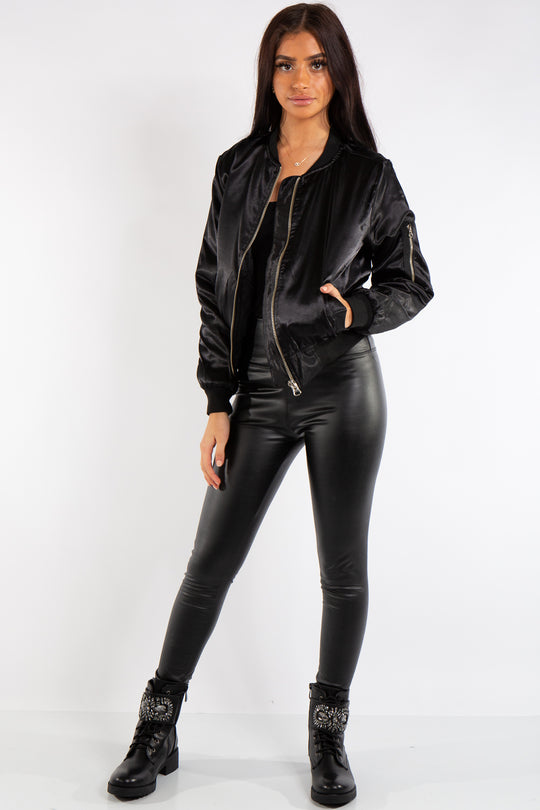 Black Satin Bomber Jacket - Grace