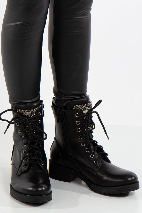 Alexandria Black Biker Boots Beaded Embellished