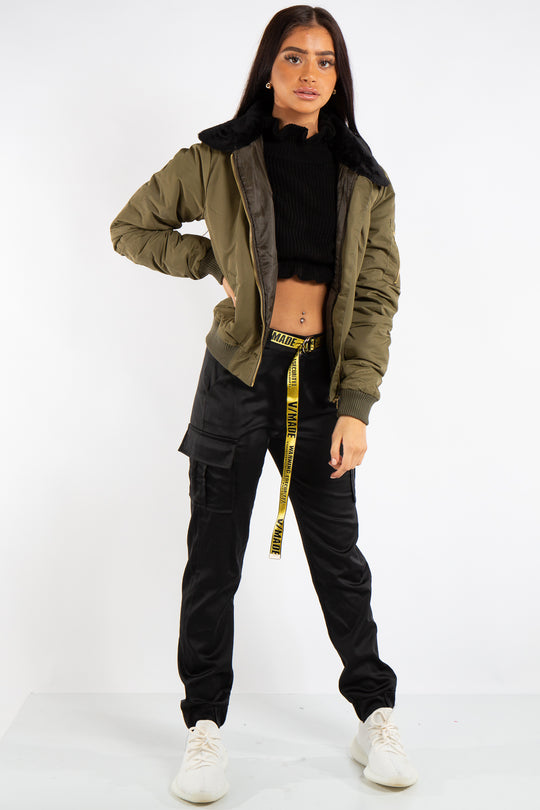 Ella Khaki Fur Collar Bomber Jacket