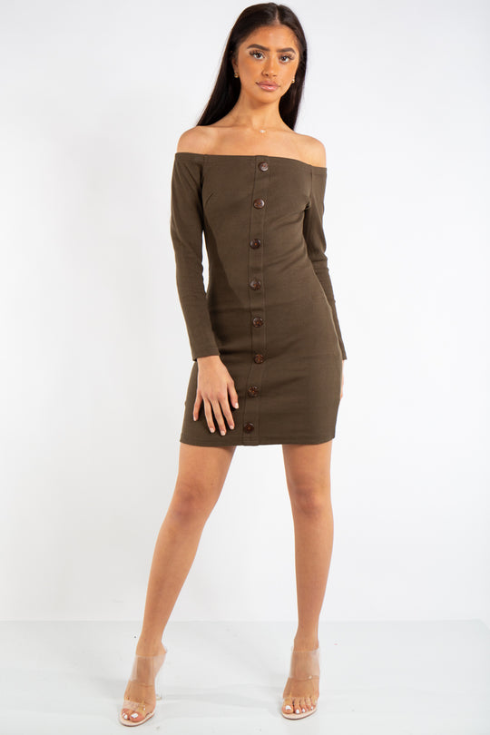 Jade Khaki Ribbed Button Long Sleeve Bardot Dress