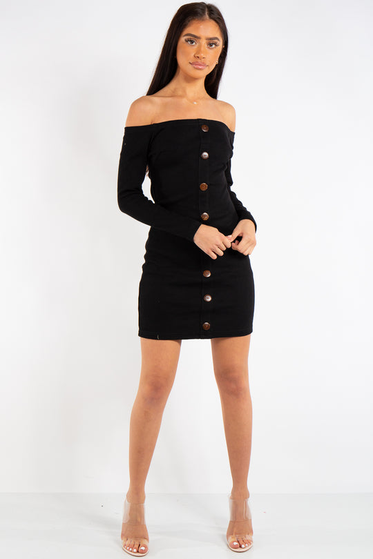 Jade Black Ribbed Button Long Sleeve Bardot Dress
