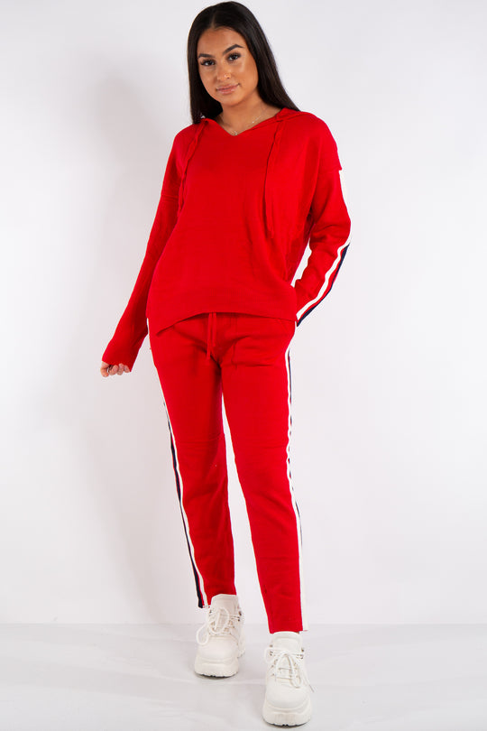 Daniella Red Hooded Knitted Stripe Loungewear Set