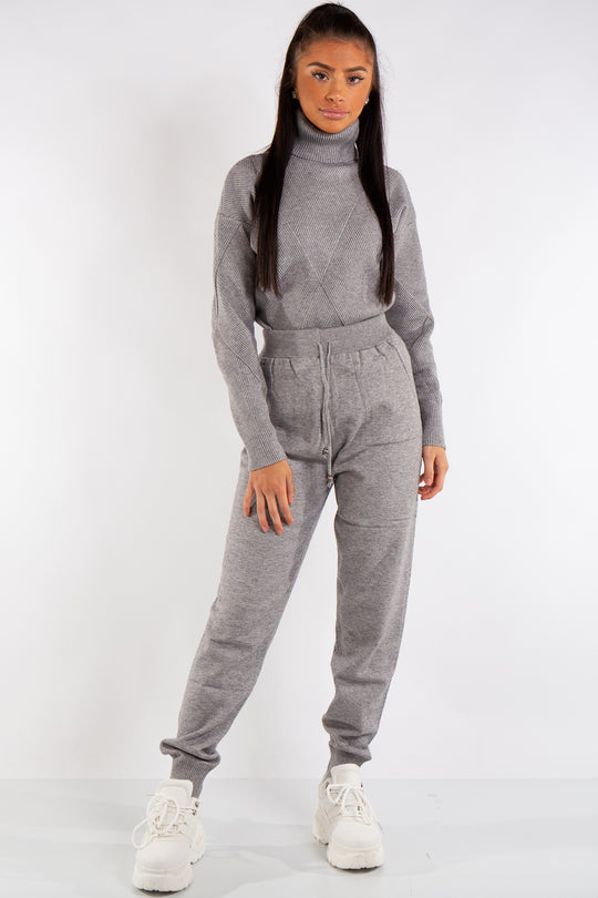 Millie Grey Turtle Neck Ribbed Design Loungewear Set