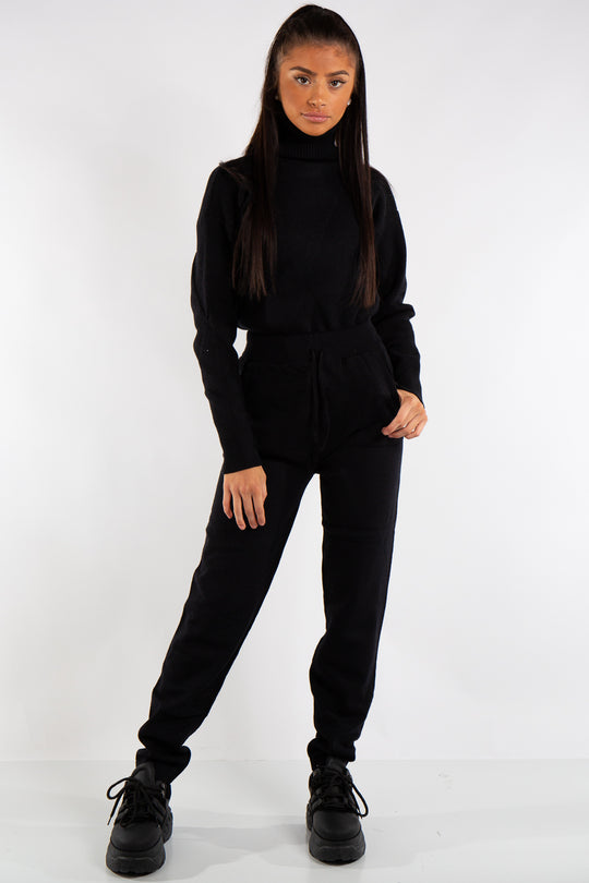 Millie Black Turtle Neck Ribbed Design Loungewear Set