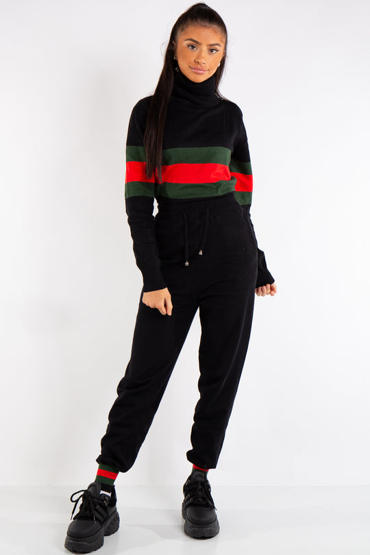 Gracelyn Black Turtle Neck Knitted Striped Loungewear Set