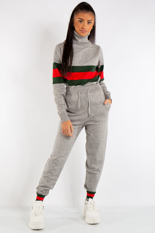 Gracelyn Grey Turtle Neck Knitted Striped Loungewear Set.