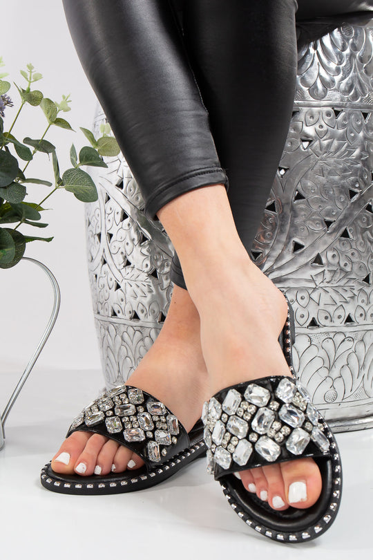 Elisa Black Large Jewel Strap Sliders