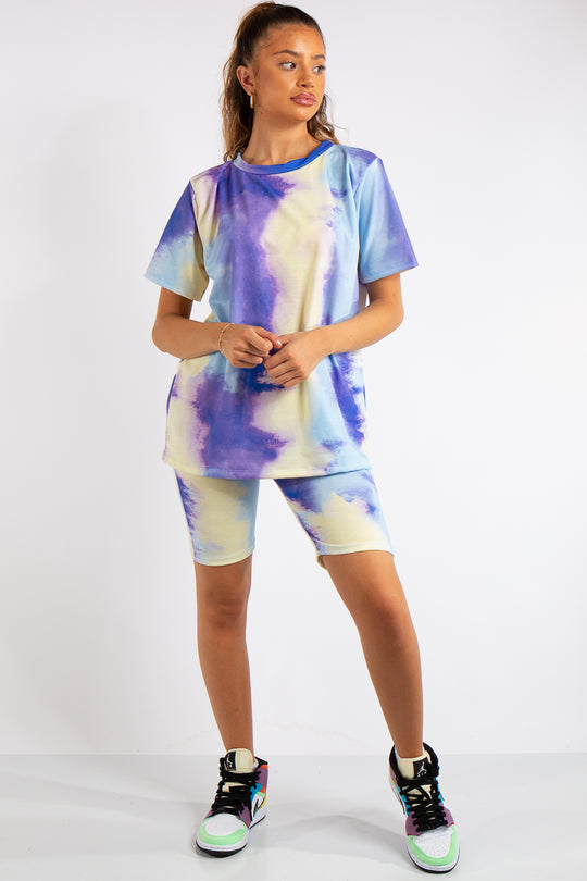 Zainab Purple/Yellow Tie Dye Oversized T-Shirt & Cycling Shorts Co-ord Set