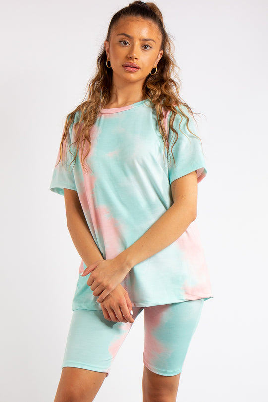 Zainab Pink/Green Tie Dye Oversized T-Shirt & Cycling Shorts Co-ord Set