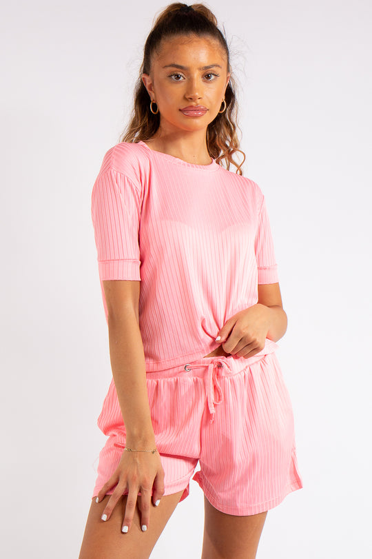 Sandra Pink Ribbed Basic Co-ord Set