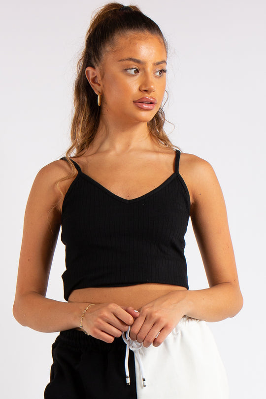 Vienna Black Ribbed V Plunge Basic Vest Top