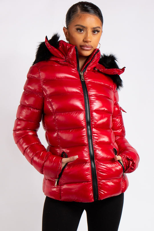 Emma Red Padded High Shine Puffer Coat