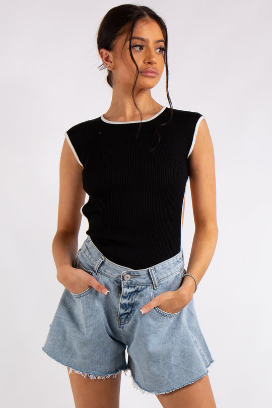 Klara Black Backless Ribbed Bodysuit