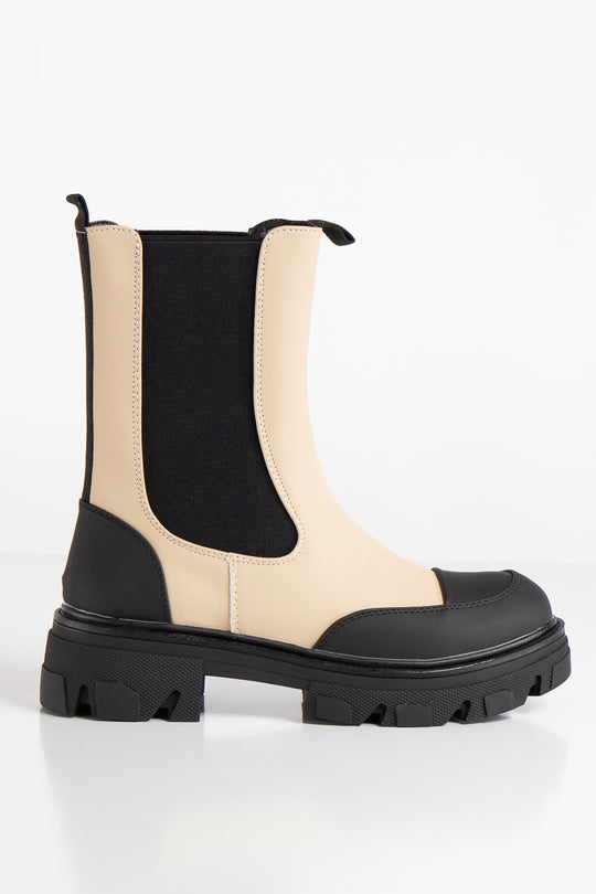 Rachel Beige Contrast Vegan Leather Chunky Boot