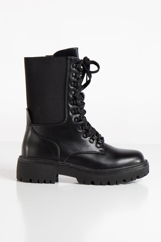 Asta Black Chunky Sole Elastic Detail Lace Up Ankle Boots