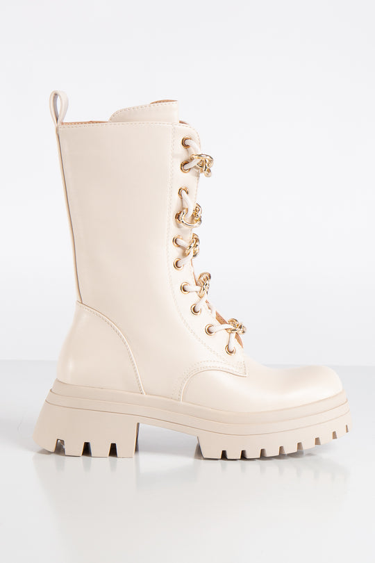 Kyra Beige Chain Chunky Sole Biker Boots