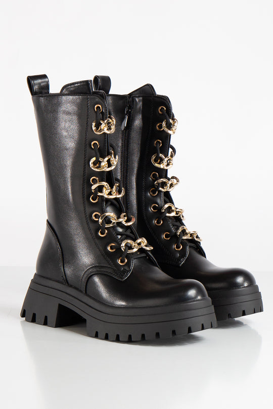 Kyra Black Chain Chunky Sole Biker Boots
