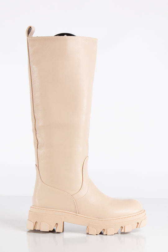 Elena Beige Chunky Knee High Boots