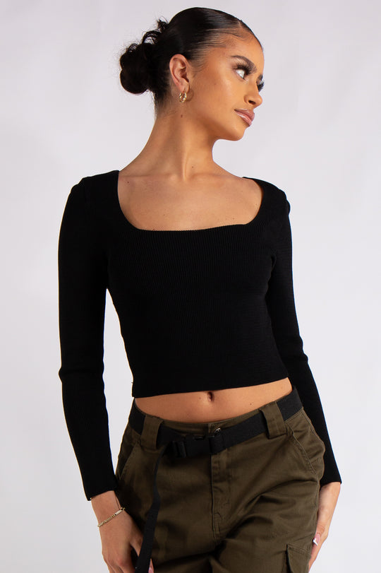 Renata Black Knitted Square Neck Crop Top