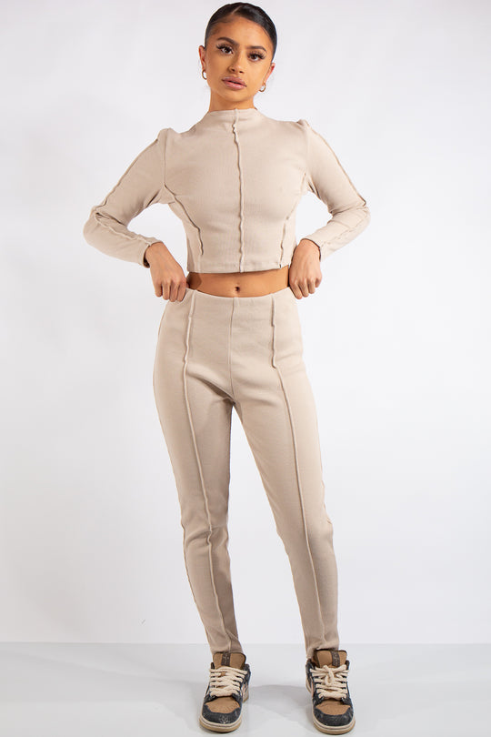 Katalina Beige Ribbed Exposed Seam Co-Ord Set