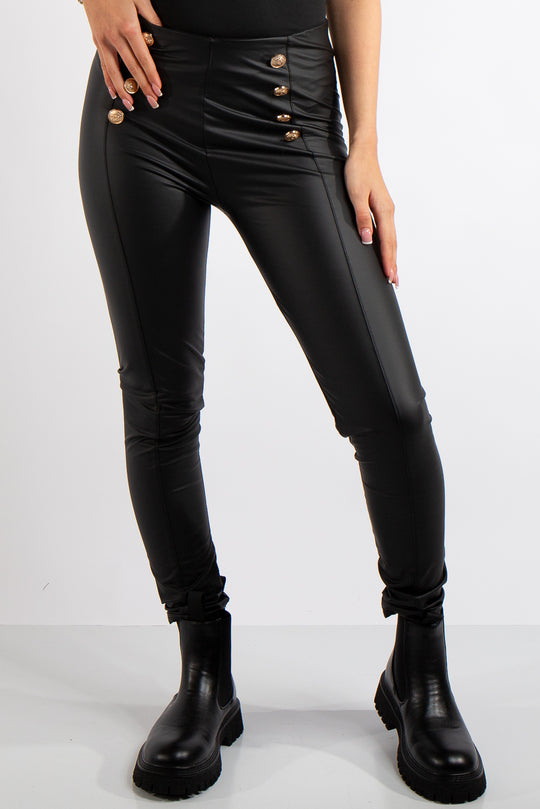Dawn Black Faux Leather Button Trousers