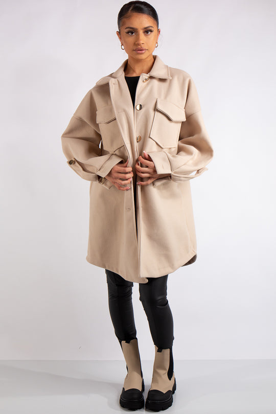 Nathalie Beige Pocket Front Shacket