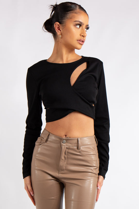 Bria Black Ribbed Cut Out Crop Top