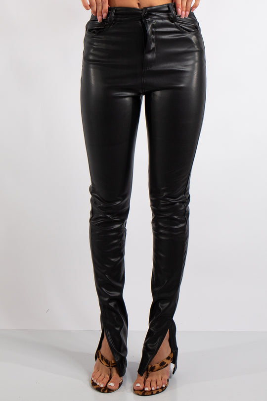 Nala Black Split Hem Faux Leather Trousers