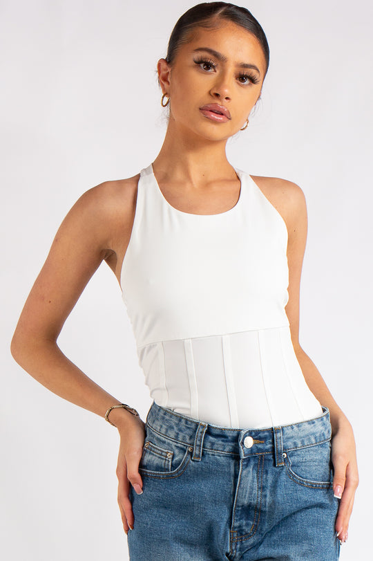 Jolene White Crossover Back Bodysuit