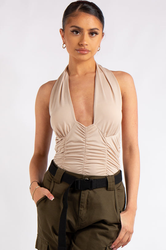 Aniya Stone Slinky Ruched Halter Neck Cross Over Bodysuit