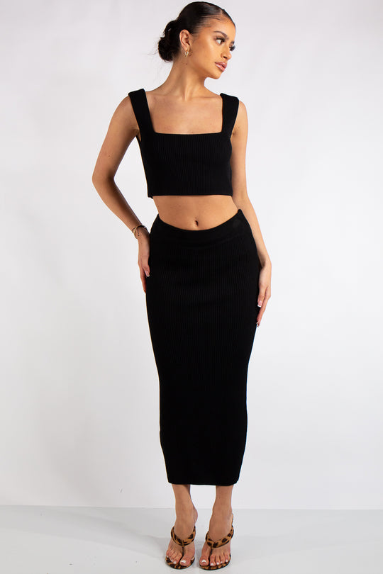 Marie Black Square Neck Knitted Skirt Co-Ord Set