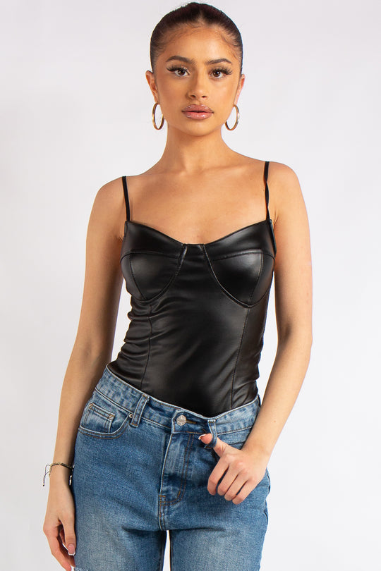 Cecelia Black Pu Leather Bodysuit