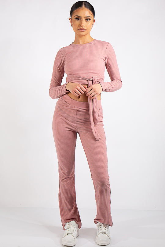 Danielle Pink Crop Ribbed Tie Up Two Piece Set